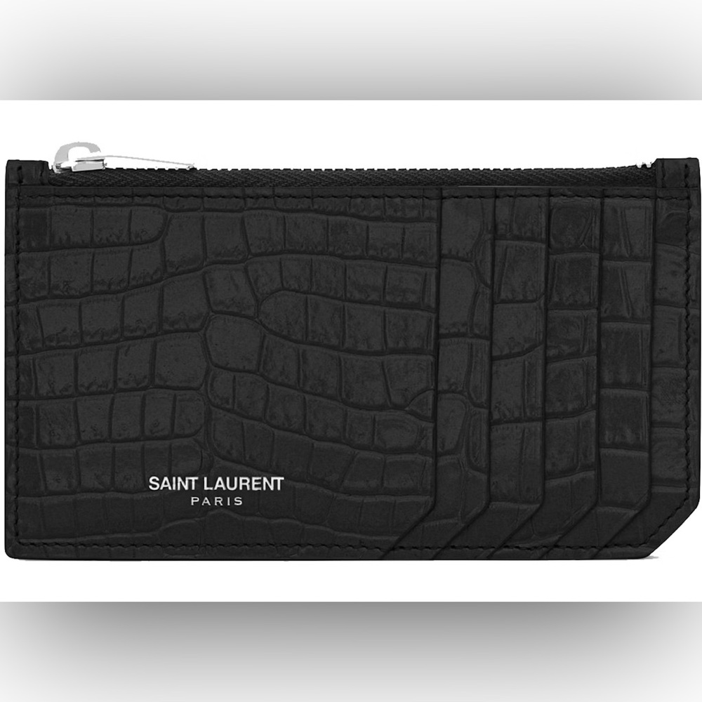 Saint Laurent Black Croc-Embossed Zip Wallet Card Holder